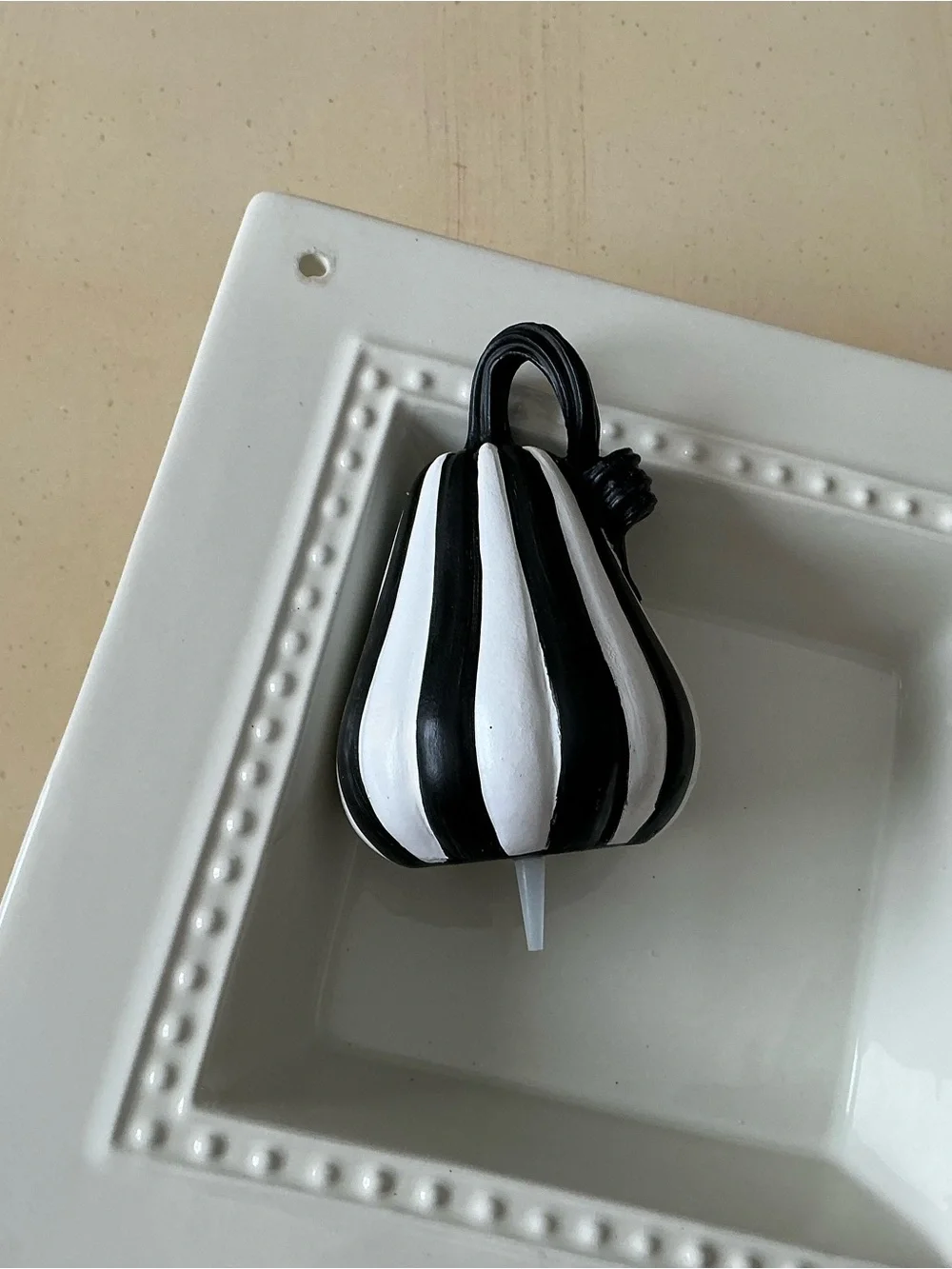 Black and White Striped (Beetlejuice) Gourd Pumpkin Platter Decoration 🎃